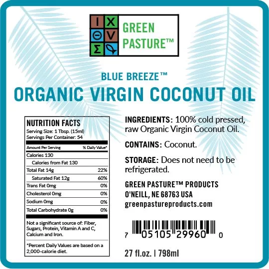 Green Pasture Virgin Coconut Oil Product Label, Ingredients & Nutrition Info